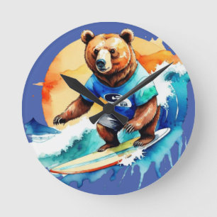 Horloge Ronde T-shirt ours à surf drôle