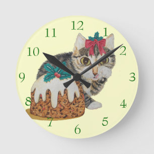 Horloge Ronde tabby gris chaton mignon lécher patte noël