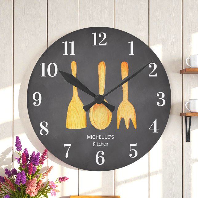 Horloge Ronde Tableau noir blanc Ustensiles de cuisine jaunes Cu (Créateur téléchargé)