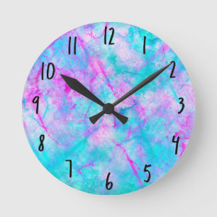 Horloge Ronde Tache d'aquarelle rose barbe à papa et bleu