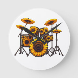 Horloge Ronde Tambours Tournesol Fleur Musicien Musique Floral