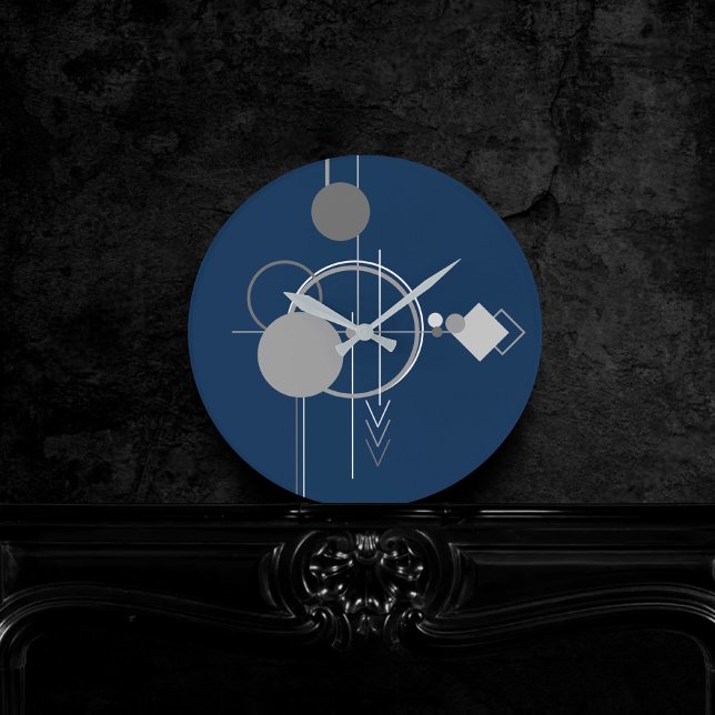 Horloge Ronde Tattoo Line Art | Abstrait Marine Blue Charcoal Gr (Créateur téléchargé)