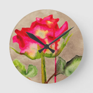 Horloge Ronde Tea hybride Rose aquarelle moderne fleurie art