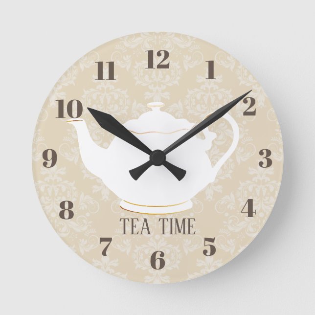 Horloge Ronde Tea Time Elegant Teapot Cream Damask (Recto)