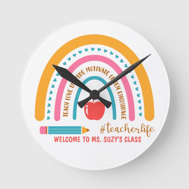 Horloge Ronde #Teacherlife Arc en ciel salle de classe personnal (Recto)