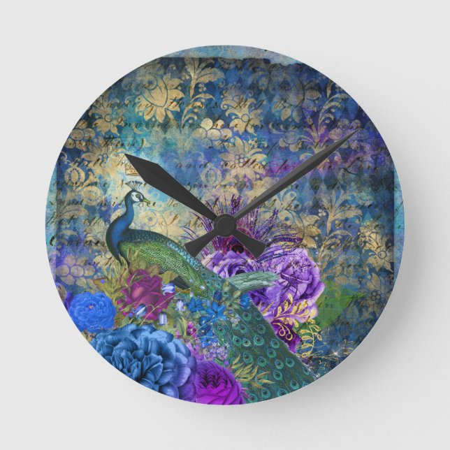 Horloge Ronde Teal Peacocks Peacock French Acrylic Wall Clock (Recto)
