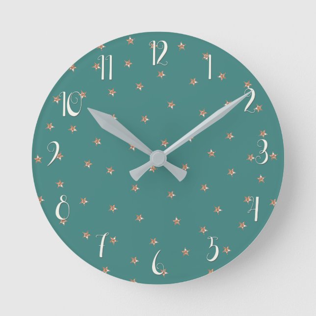 Horloge Ronde Teal & Rose Gold Rose Pailleté Étoiles Ciel Étoilé (Recto)