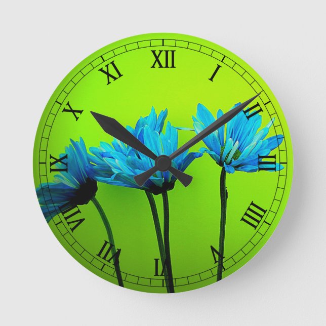 Horloge Ronde Teal Turquoise Daisies on Lime Green Flower (Recto)