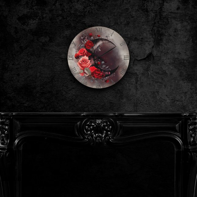 Horloge Ronde Técherie | Lune de croissant avec des roses rouges (Créateur téléchargé)