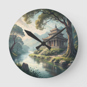 Horloge Ronde Temple Ancien Serein au bord de la Rivière – Aquar