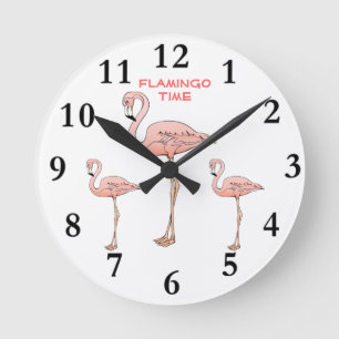 Horloge Ronde TEMPS de FLAMANT ROSE, 3 oiseaux roses de Flamant