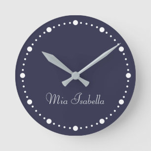 Horloge Ronde Tendance Couleur Marine Bleu Blanc Points Nom Horl