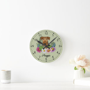 Horloge Ronde Tête De Chien Airedale Terrier Avec Fleurs Et Nom