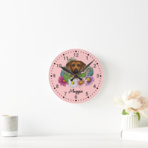 Horloge Ronde Tête de chien Rhodesian Ridgeback Fleurs sauvages 