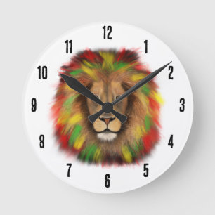 Horloge Ronde Tête de lion Rasta rouge jaune vert dessin Jamaïqu