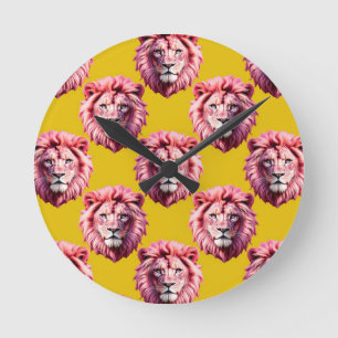 Horloge Ronde Tête de lion rose motif animal design jaune