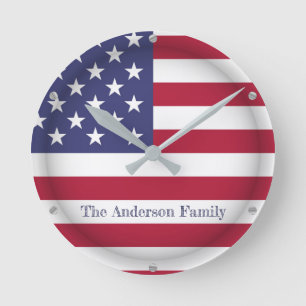 Horloge Ronde TEXTE PERSONNALISÉ USA Fier Pays Drapeau Américain