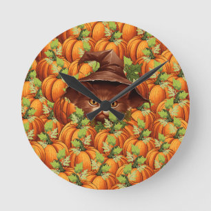 HORLOGE RONDE THANKSGIVING CITROUILLE CUTE CAT