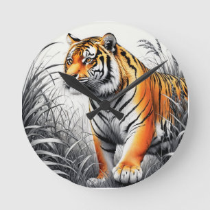 Horloge Ronde Tiger Art Color Partiel noir blanc dessin