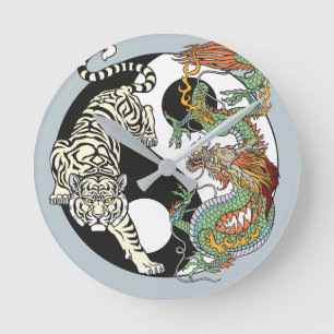 Horloge Ronde Tigre blanc contre dragon vert dans le Yin yang ou