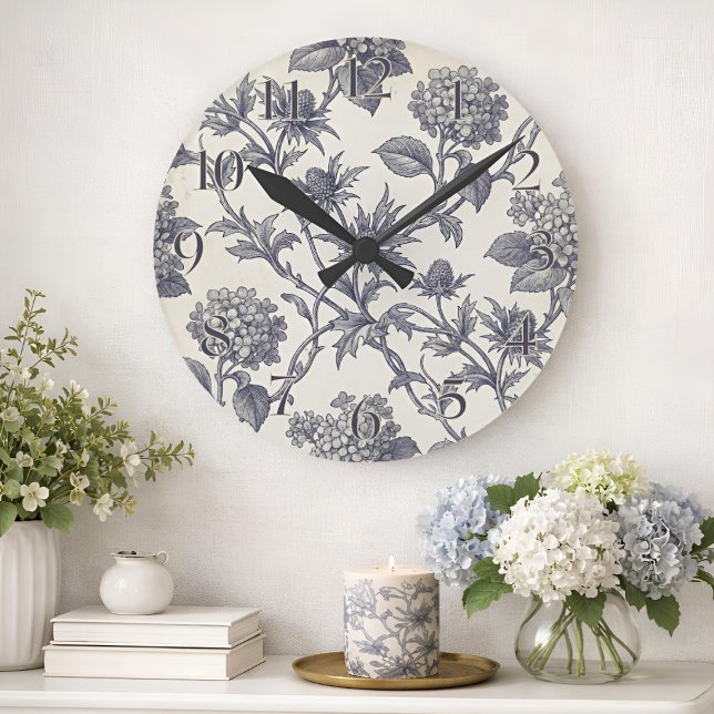 Horloge Ronde Toile Botanique | Hortensia & Hollyhock (Lifestyle Shot)