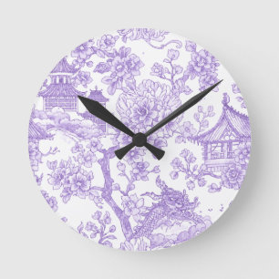 Horloge Ronde Toile de chinoiserie violette dragon fleur de ceri