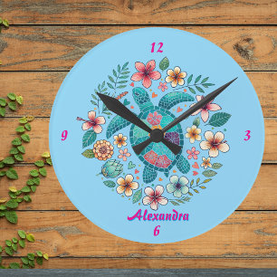 Horloge Ronde Tortue de mer Floral Boho École Bureau Nom Rond