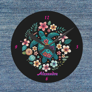 Horloge Ronde Tortue de mer Floral Boho École Bureau Nom Rond