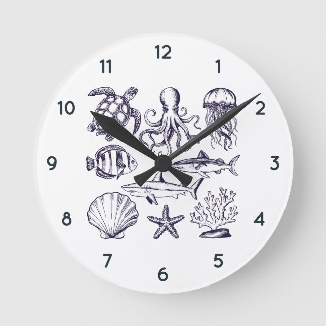 Horloge Ronde Tortue de plage d'été Poisson Requin Octopus Coqui (Recto)