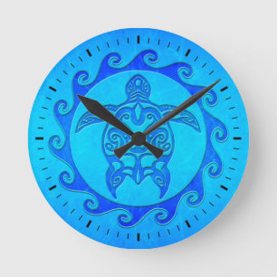 Horloge Ronde Tortue tribale bleue Sun