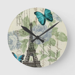 Horloge Ronde Tour Eiffel floral bleu de Paris de papillon de