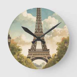 Horloge Ronde Tour Eiffel Paris Voyage Style Rétro Art Vintage