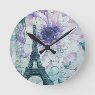 Horloge Ronde Tour Eiffel pourpre chic assez girly de Paris de