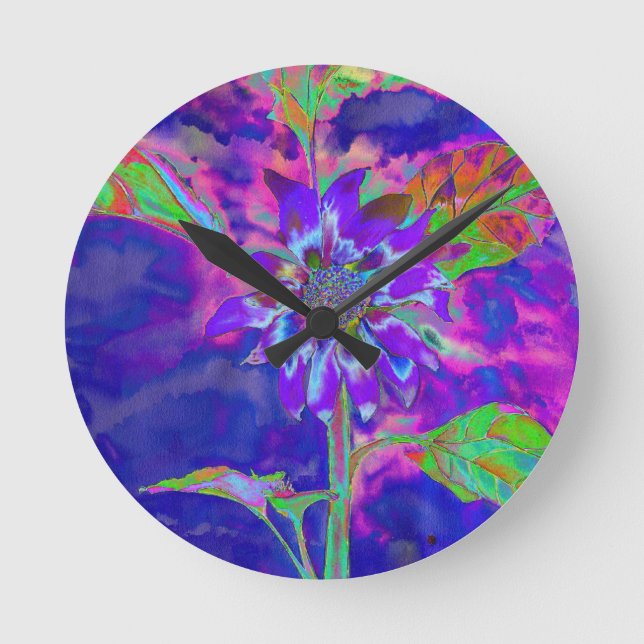Horloge Ronde Tournesol bleu Abstrait | retro funky (Recto)