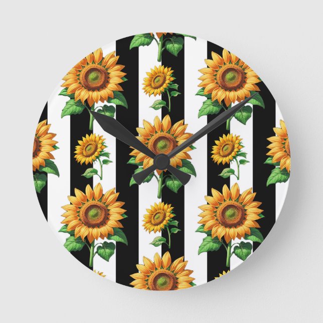 Horloge Ronde Tournesol Floral noir blanc rayures (Recto)