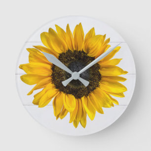 Horloge Ronde tournesol jaune sur bois