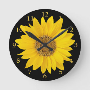 Horloge Ronde Tournesol jaune vif sur Floral noir