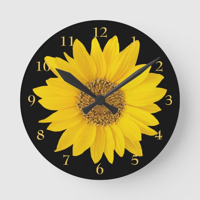 Horloge Ronde Tournesol jaune vif sur Floral noir (Recto)