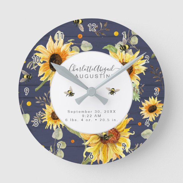 Horloge Ronde Tournesol Rustique Bee Jaune Bébé Statistiques de  (Recto)