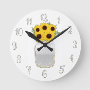 Horloge Ronde Tournesols dans un bocal Mason rustique, glamour e