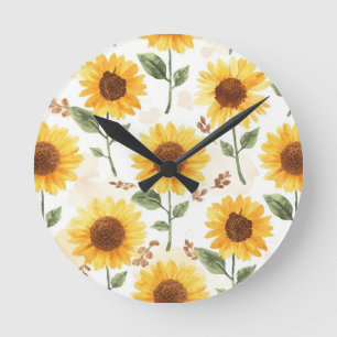 Horloge Ronde Tournesols Jaunes Aquarelle Floral Fantaisiste