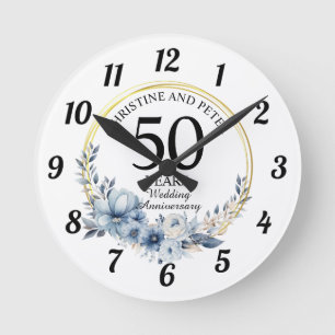 Horloge Ronde Tout Mariage (50) Élégant Anniversaire Floral Bleu