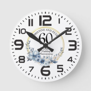 Horloge Ronde Tout Mariage (60) Élégant Anniversaire Floral Bleu
