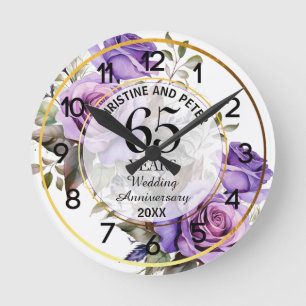 Horloge Ronde Tout mariage cadre or roses violettes Anniversaire