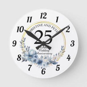 Horloge Ronde Tout mariage Élégant Bleu Floral Anniversaire