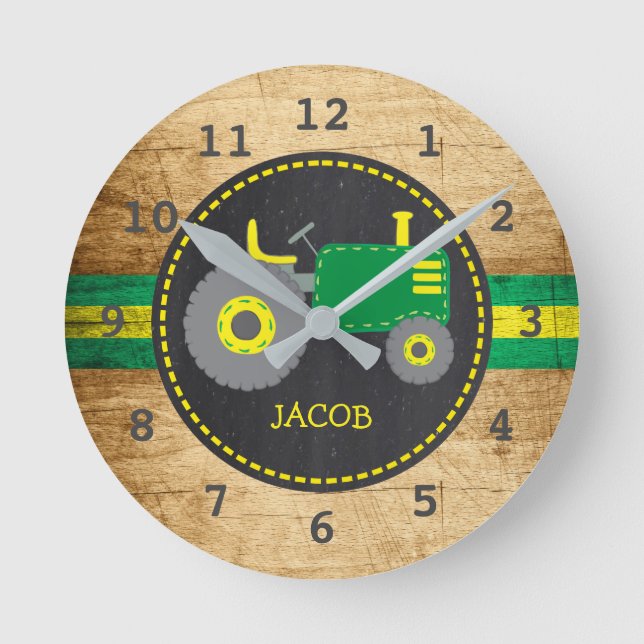Horloge Ronde Tracteur vert rustique Faux Wood (Recto)