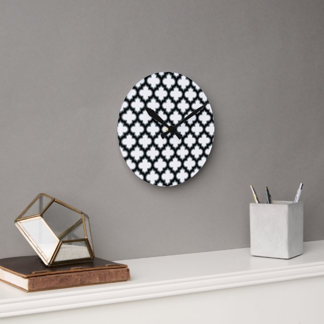 Horloge Ronde Trellis blanc et noir, treillis, Quatrefoil (Bureau)