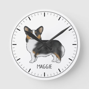 Horloge Ronde Tricolore Noir Pembroke Corgi Gallois Et Nom