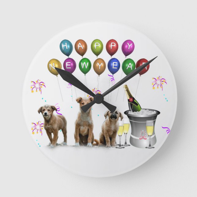 Horloge Ronde Trois Chiens mignons qui souhaitent une bonne anné (Recto)