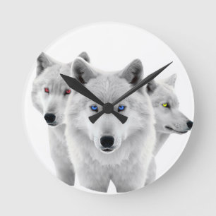 Horloge Ronde Trois Loups blancs